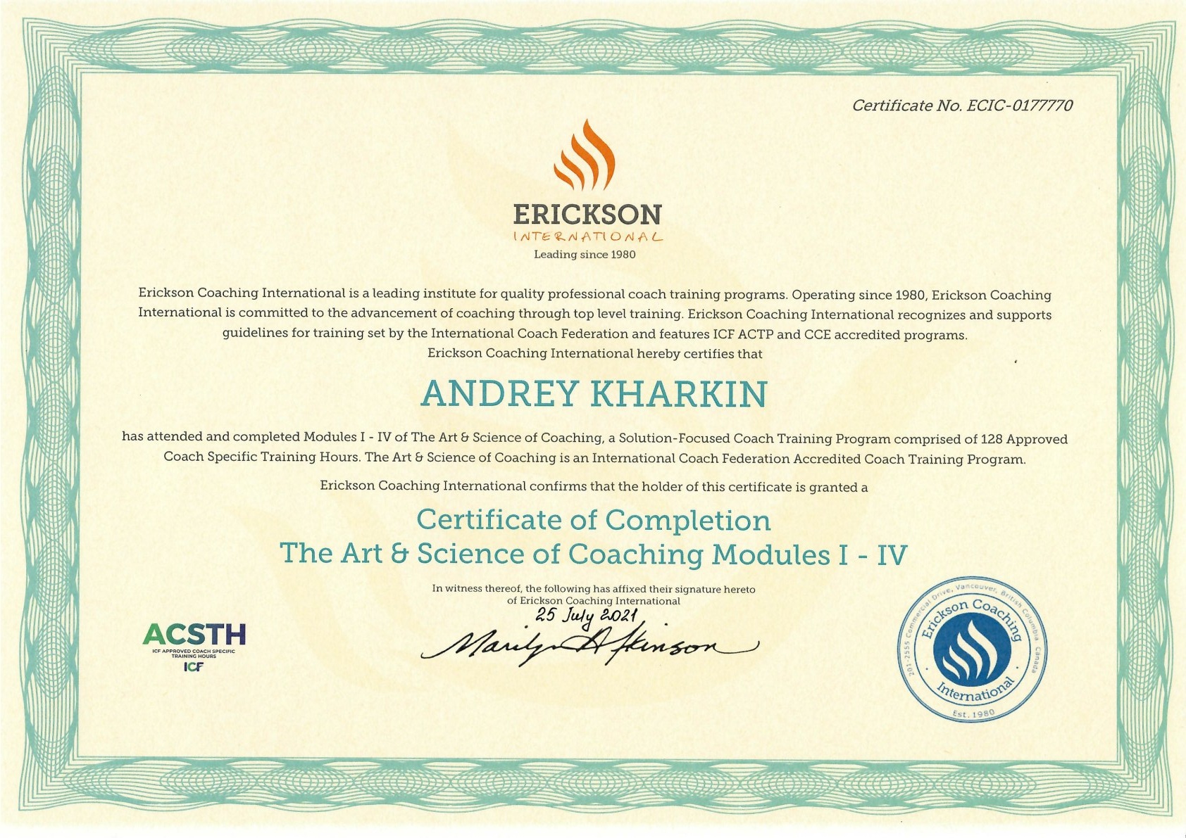 Диплом Erickson Coaching International